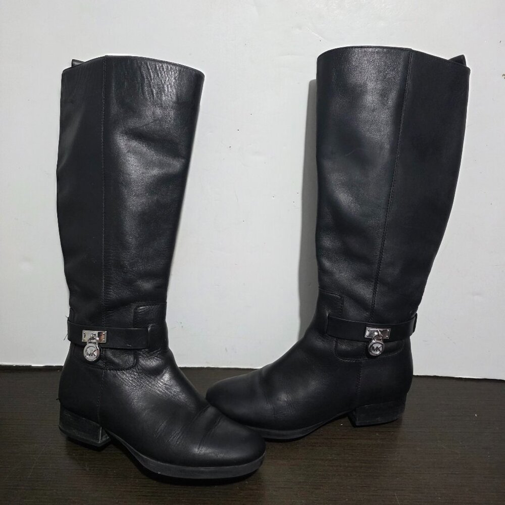 MICHAEL Michael Kors Black Leather Zip Riding Boots Silver Logo 5,5M/EU 35,5M